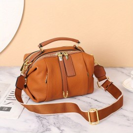 Stylish Genuine Leather Boston Pillow Bag for Women - Versatile Crossbody & Shoulder Handbag with Golden-Toned Hardware, Black/Brown/White/Cream/Dark Blue Options, Perfect for Everyday Use, Secure Travel Purse | Chic Leather Bag | Strap Detailing