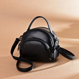 [Casual Leather Crossbody Messenger Bag] Genuine Leather Crossbody Bag for Women, Casual Solid Color Zippered Messenger Bag with Polyester Lining, Fashionable and Versatile from Guangzhou